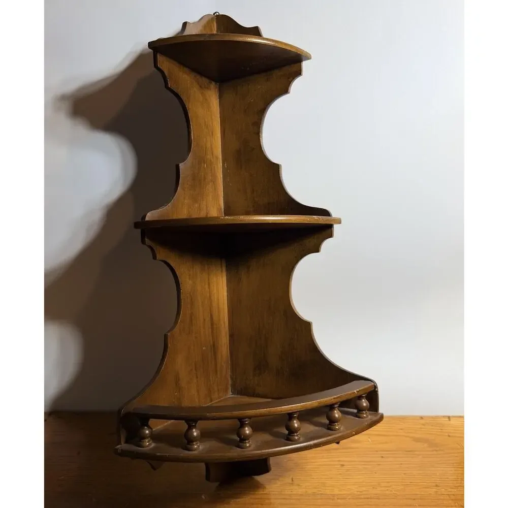 Vintage Dark Wood Wall Corner Shelf 3 Tier Rail Cottage Country Display 25